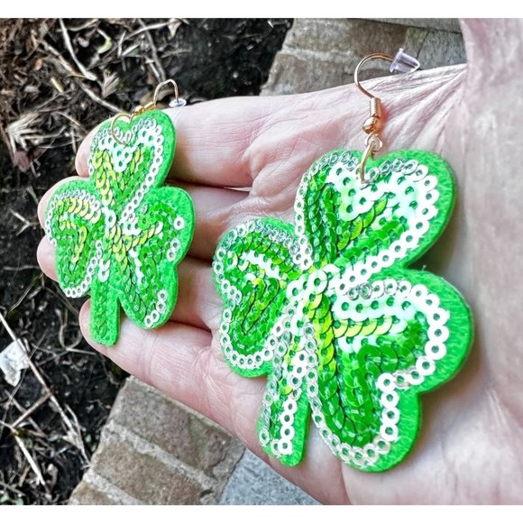 Shamrock Earrings Dangle Hooks Sequins St Patrick's Day Party Irish Fest… - Picture 2 of 12